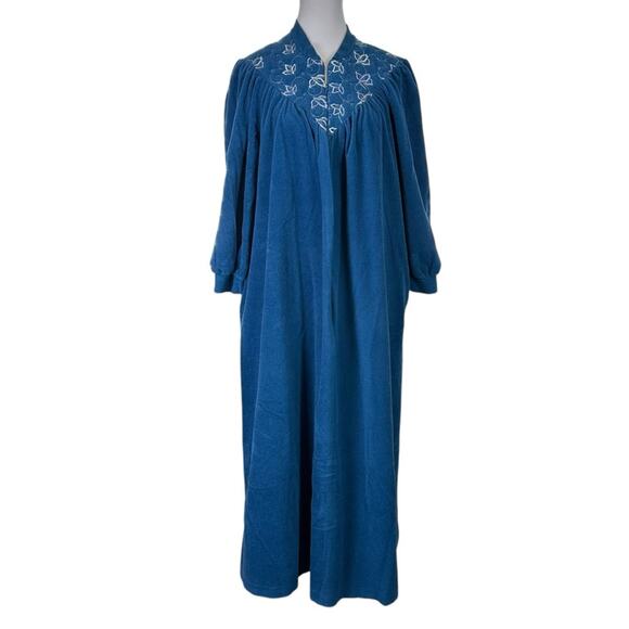 Vintage 70s Vanity Fair Robe Housecoat Made USA Size Medium Pockets Teal - Picture 1 of 7